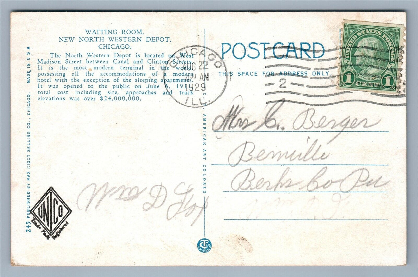 CHICAGO IL NORTHWESTERN DEPOT 1929 ANTIQUE POSTCARD railroad railway station