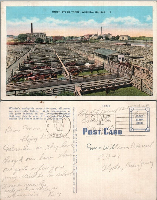 UNION STOCK YARDS WICHITA KS 1944 VINTAGE POSTCARD