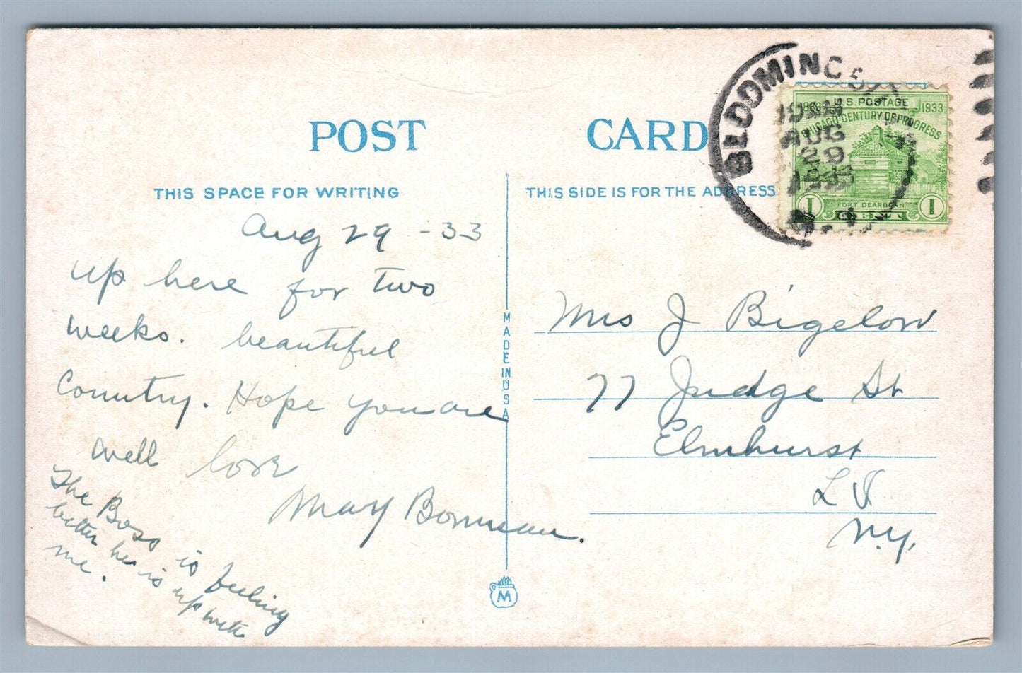 BLOOMINGSBURG NY ANTIQUE POSTCARD