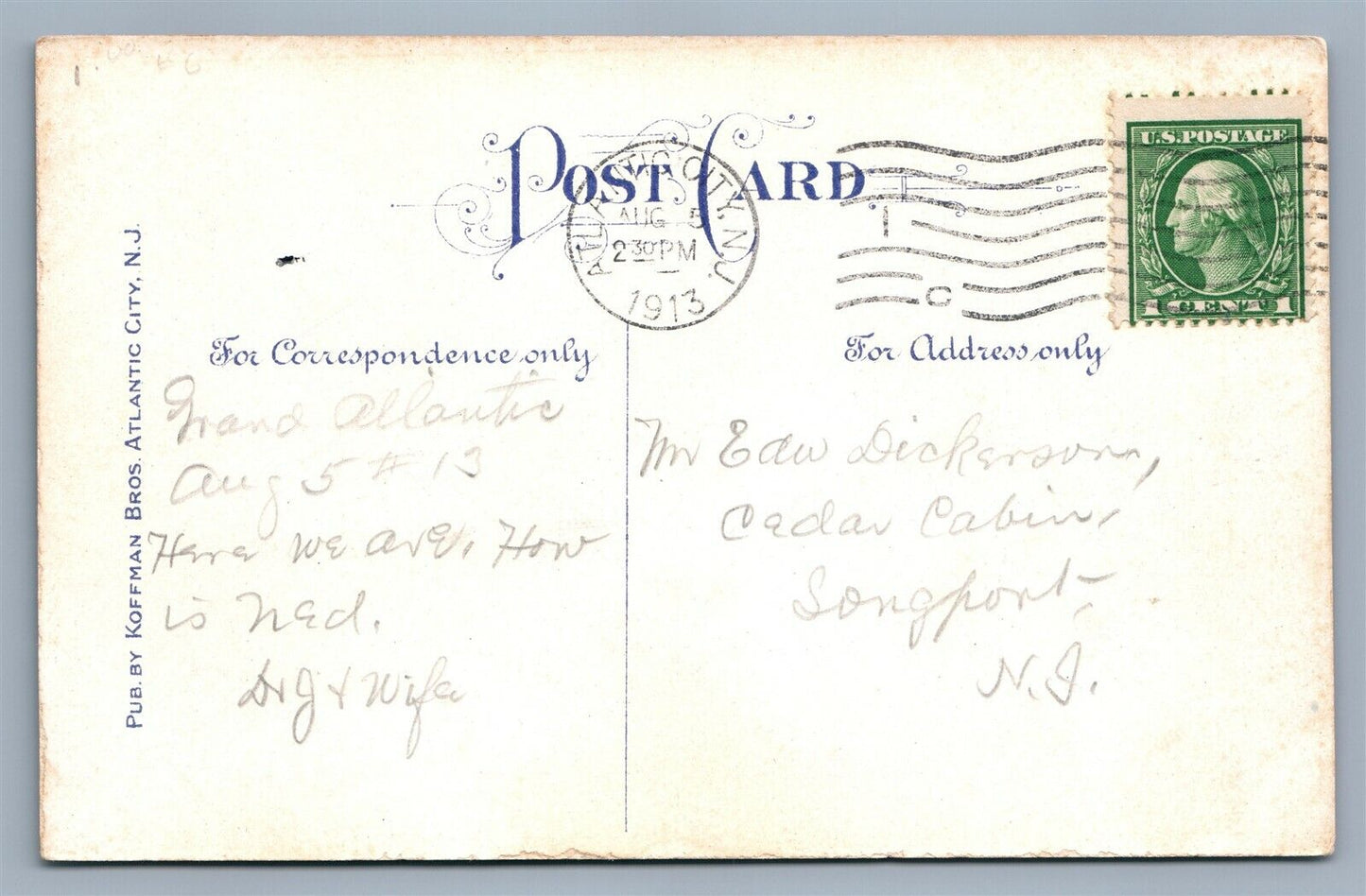 ATLANTIC CITY NJ GRAND ATLANTIC HOTEL 1913 ANTIQUE POSTCARD