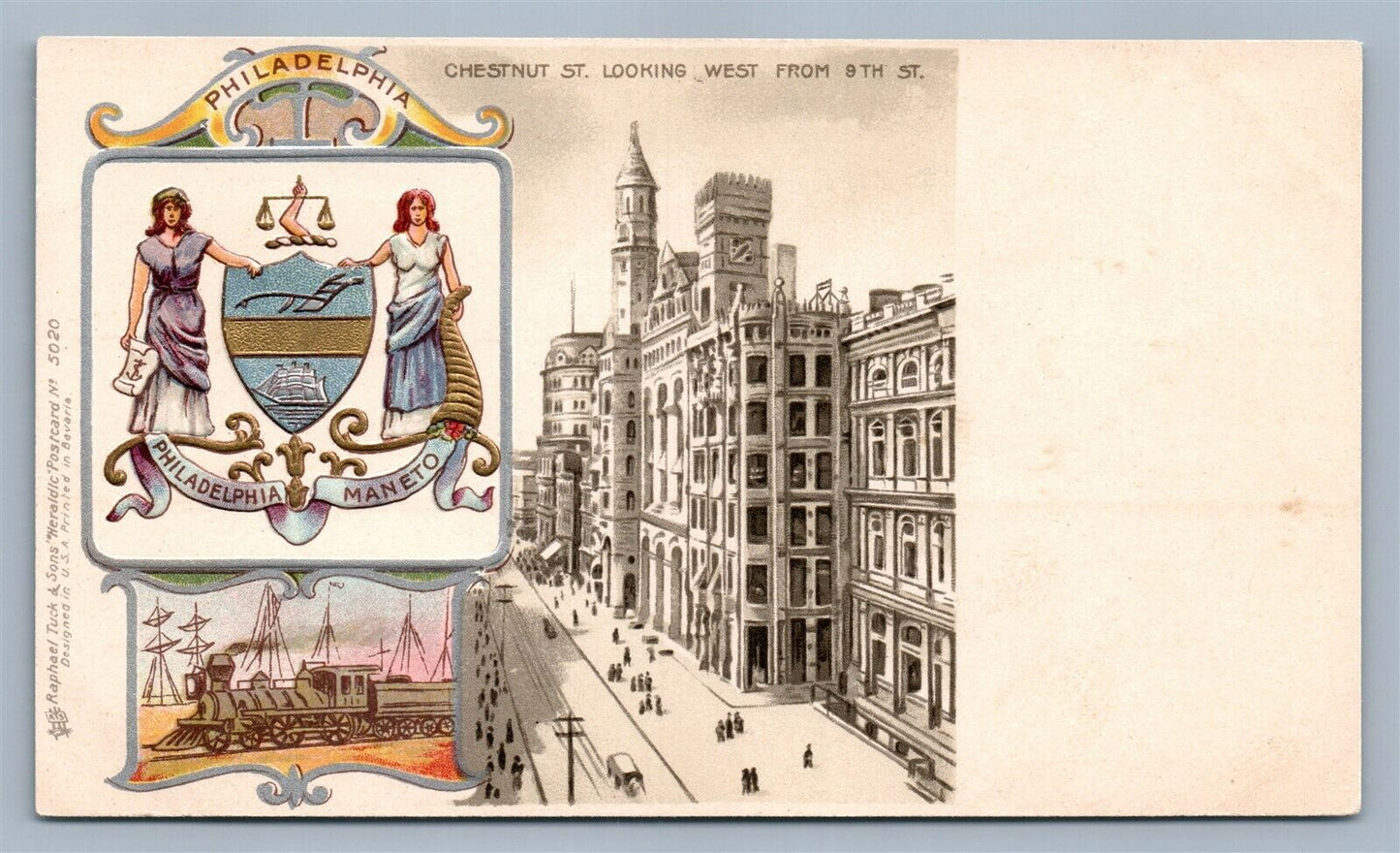 PHILADELPHIA PA CHESTNUT ST HERALDIC ANTIQUE POSTCARD by R.TUCK PRIVATE MAILING