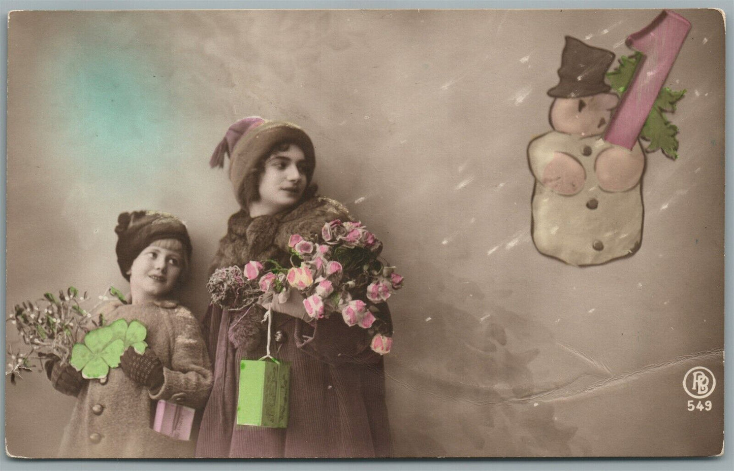 KIDS w/ SNOWMAN CHRISTMAS ANTIQUE REAL PHOTO POSTCARD RPPC