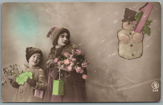 KIDS w/ SNOWMAN CHRISTMAS ANTIQUE REAL PHOTO POSTCARD RPPC