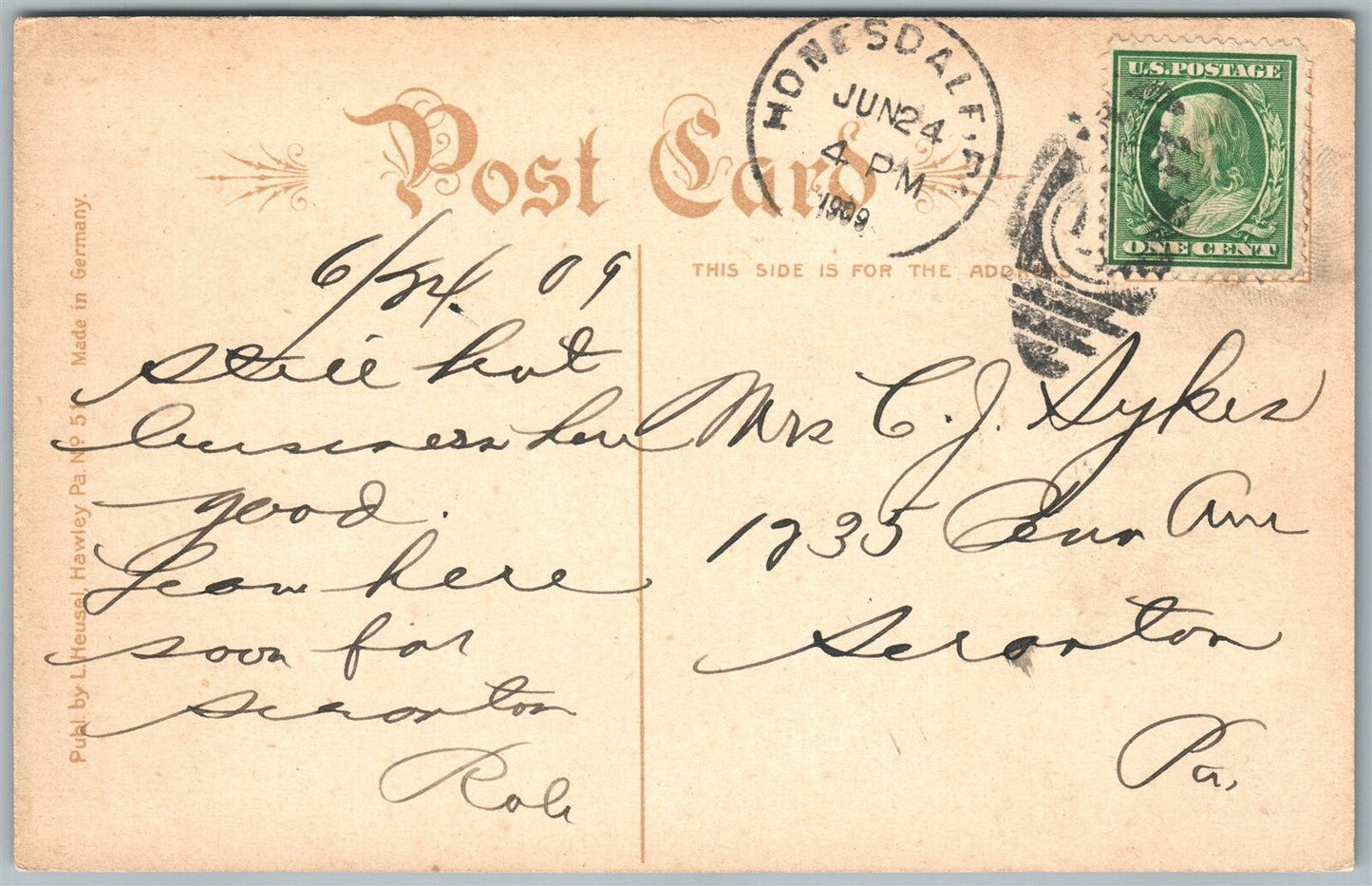 HONESDALE PA MAIN STREET BRIDGE 1909 ANTIQUE POSTCARD w/ CORK CANCEL