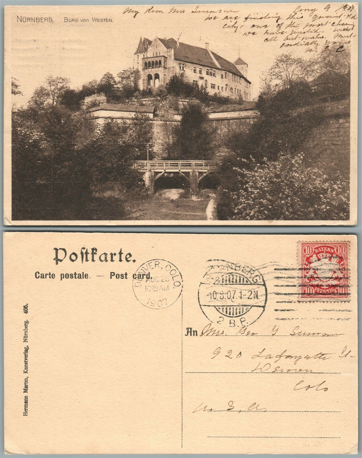 NURNBERG BURG VON WESTERN GERMANY ANTIQUE 1907 POSTCARD w/ STAMP