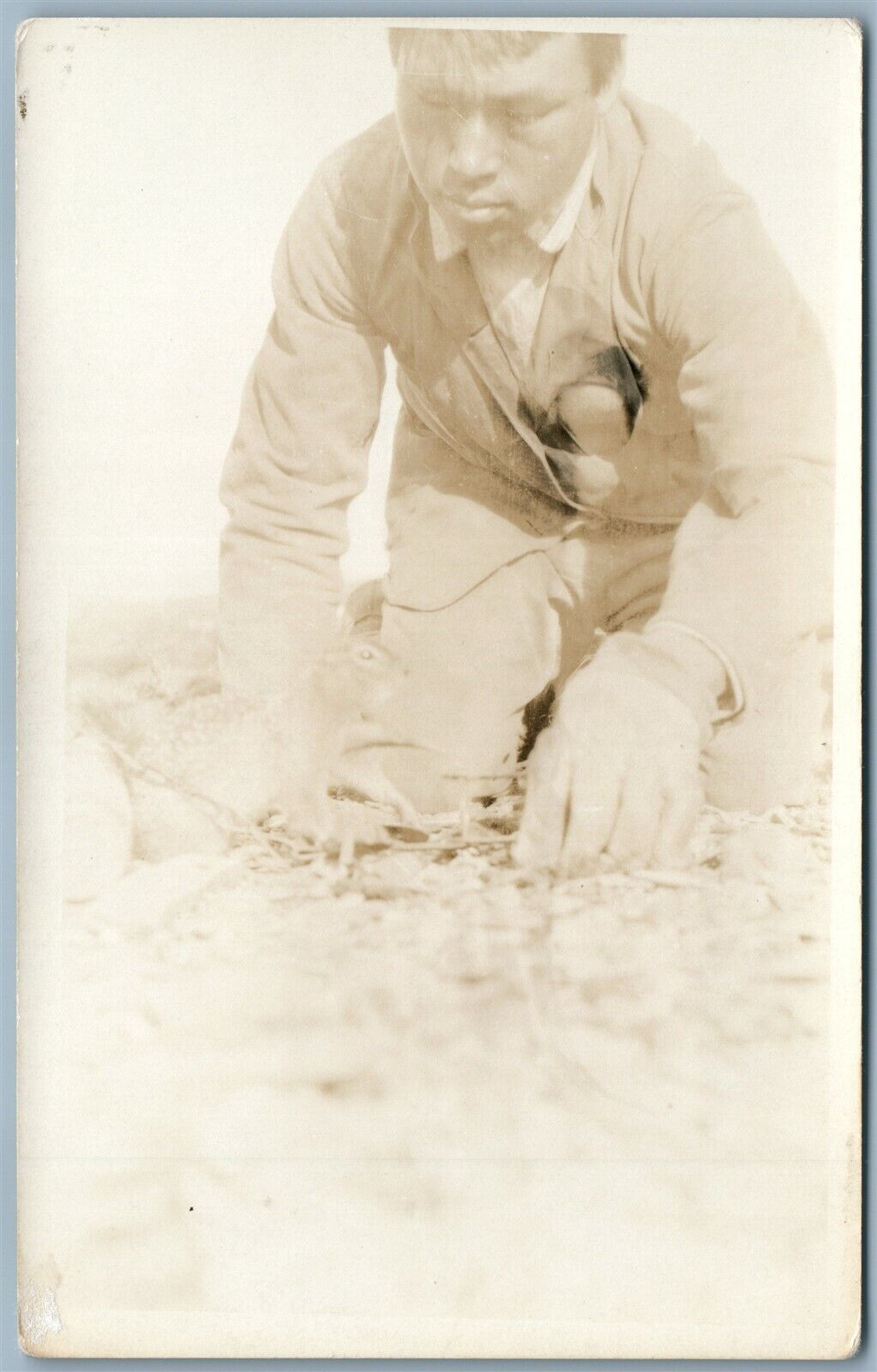ESKIMO BOY w/ HARE ANTIQUE REAL PHOTO POSTCARD RPPC