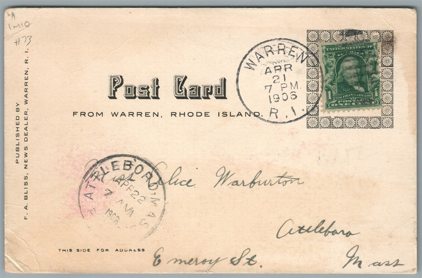 WARREN RI MAIN STREET COFF'S HOTEL ANTIQUE POSTCARD