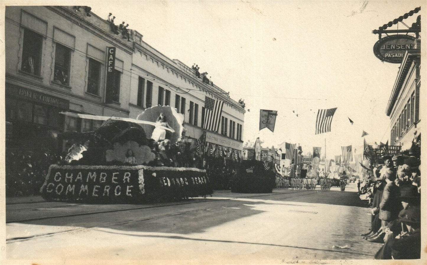 PASADENA CA STREET PARADE ANTIQUE REAL PHOTO POSTCARD RPPC w/ AMERICAN FLAGS