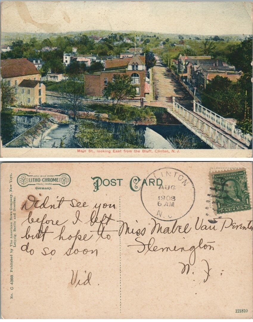 ANTIQUE POSTCARD MAIN STREET LOOKING EAST FROM THE BLUFF CLINTON N.J.