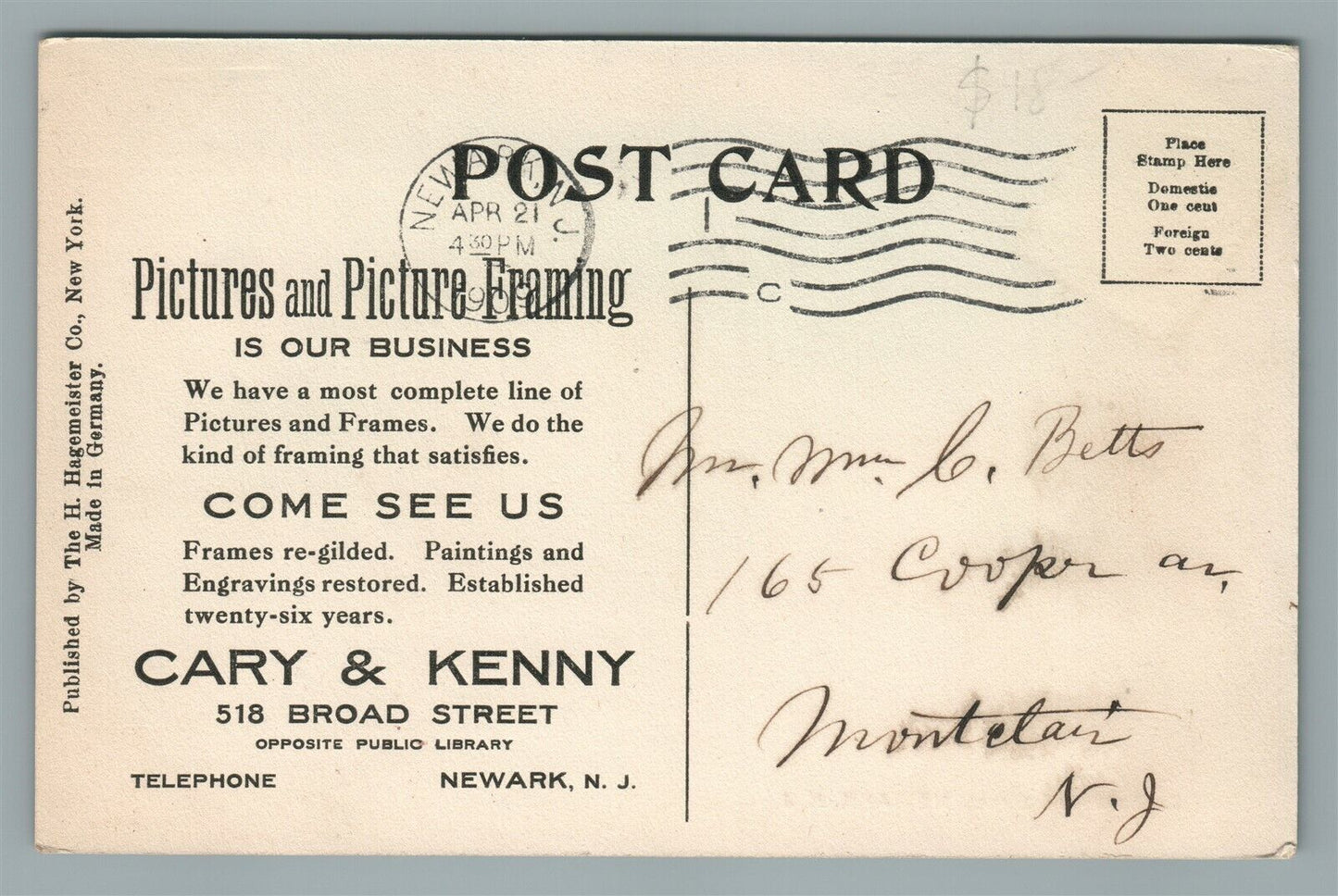 NEWARK NJ SOUTH BROAD STREET PICTURE FRAMING ADVERTISING ANTIQUE POSTCARD