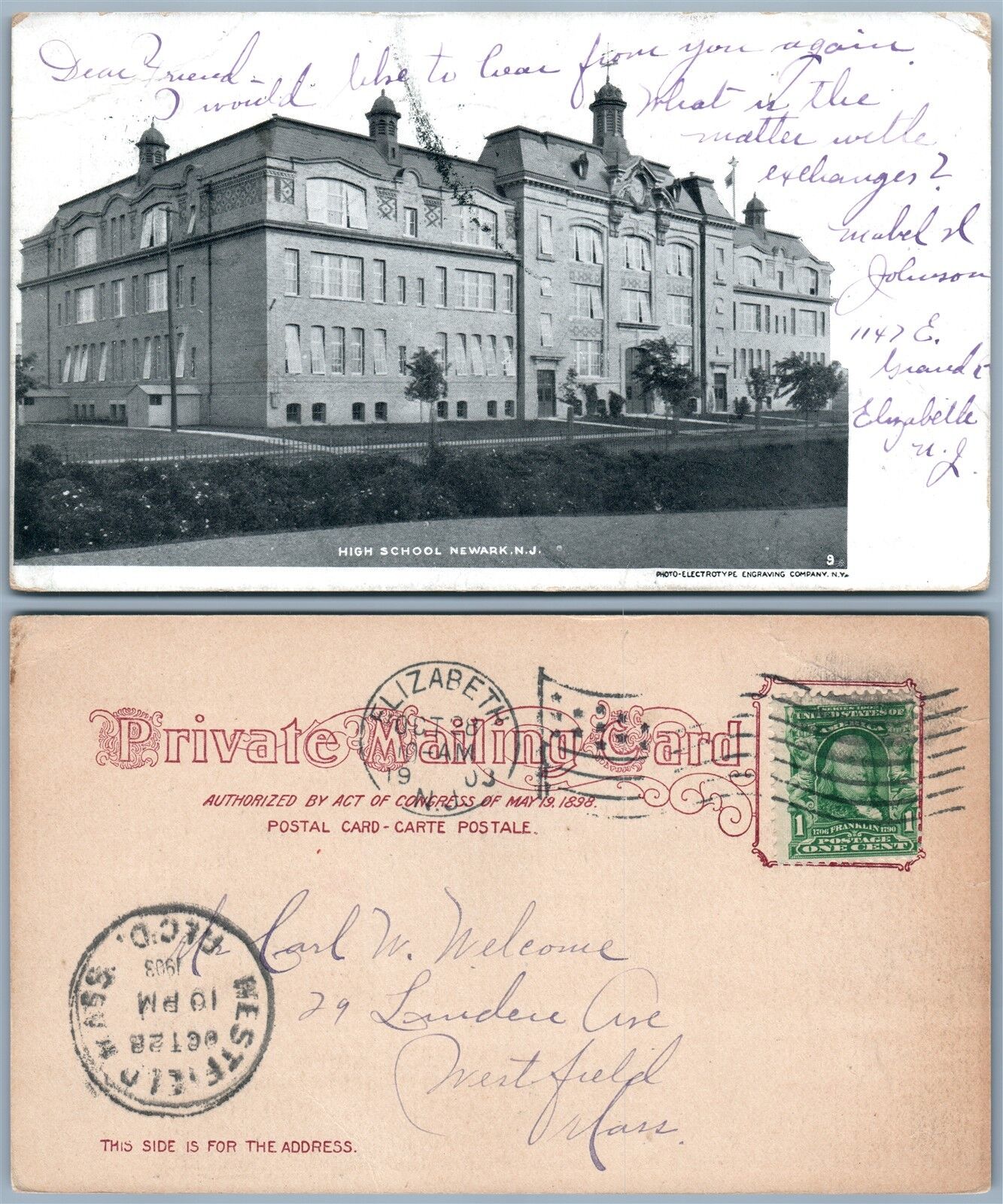 NEWARK N.J. HIGH SCHOOL 1903 UNDIVIDED ANTIQUE POSTCARD