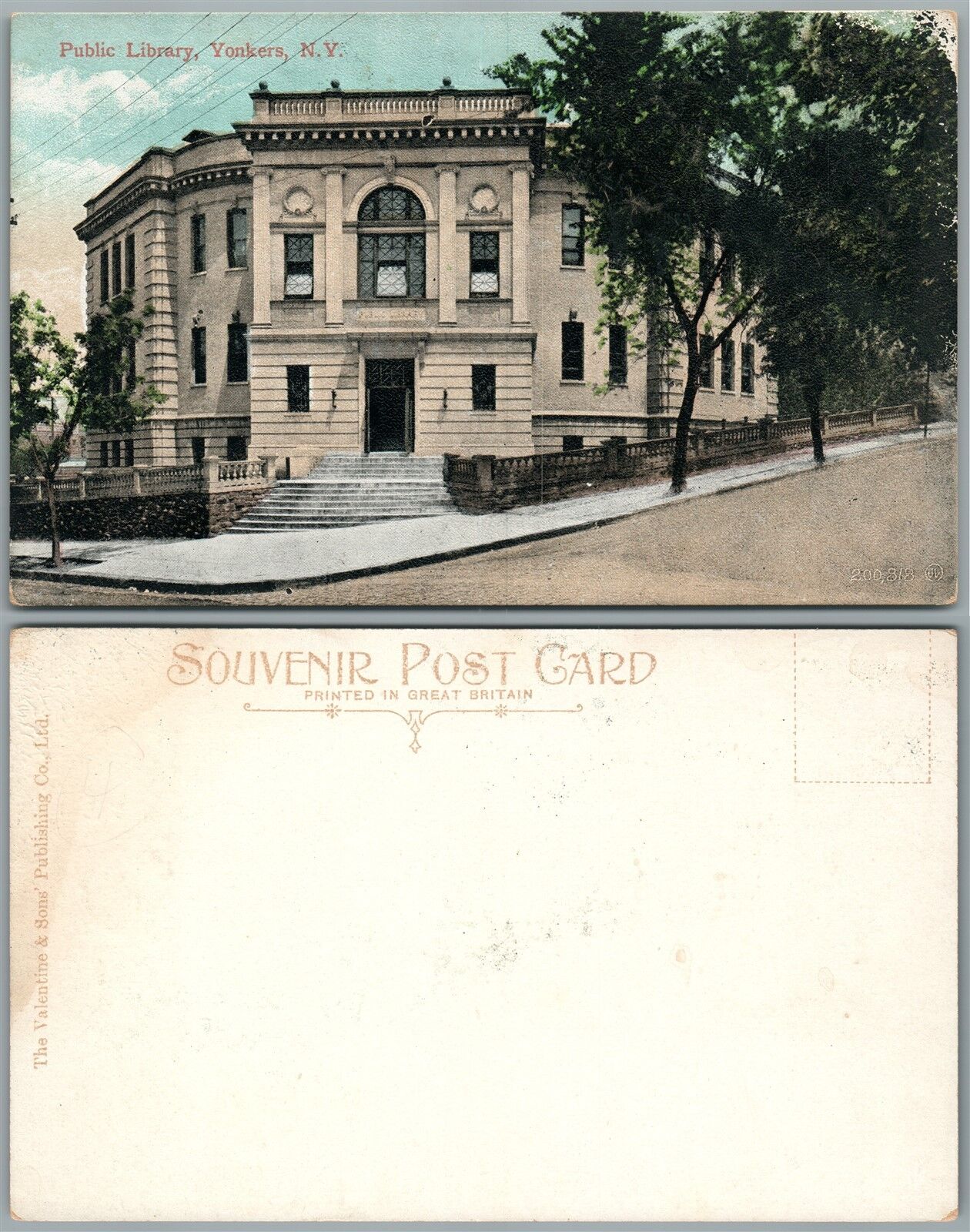 YONKERS N.Y. PUBLIC LIBRARY UNDIVIDED ANTIQUE POSTCARD