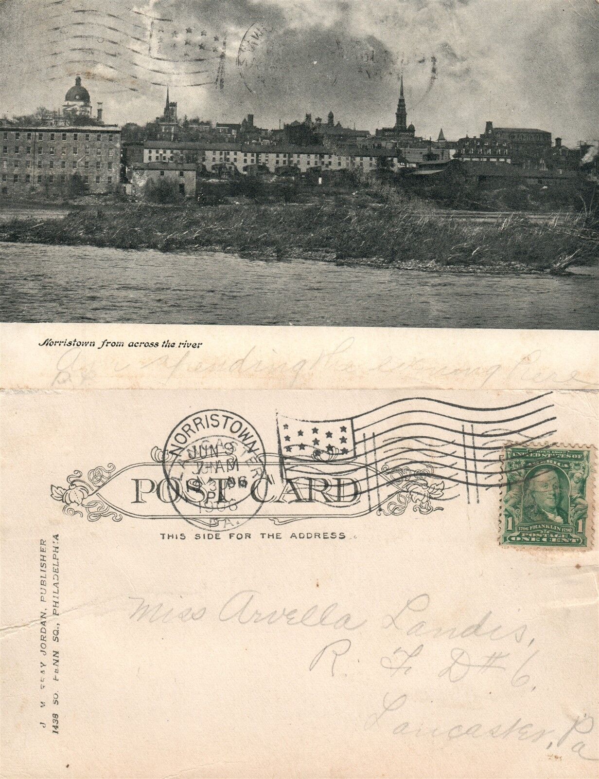 NORRISTOWN PA FROM ACROSS THE RIVER 1906 UNDIVIDED ANTIQUE POSTCARD