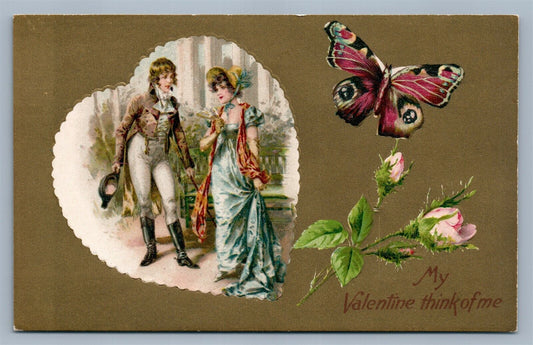 VALENTINE EMBOSSED ANTIQUE POSTCARD COUPLE w/ BUTTERFLY ON SILK