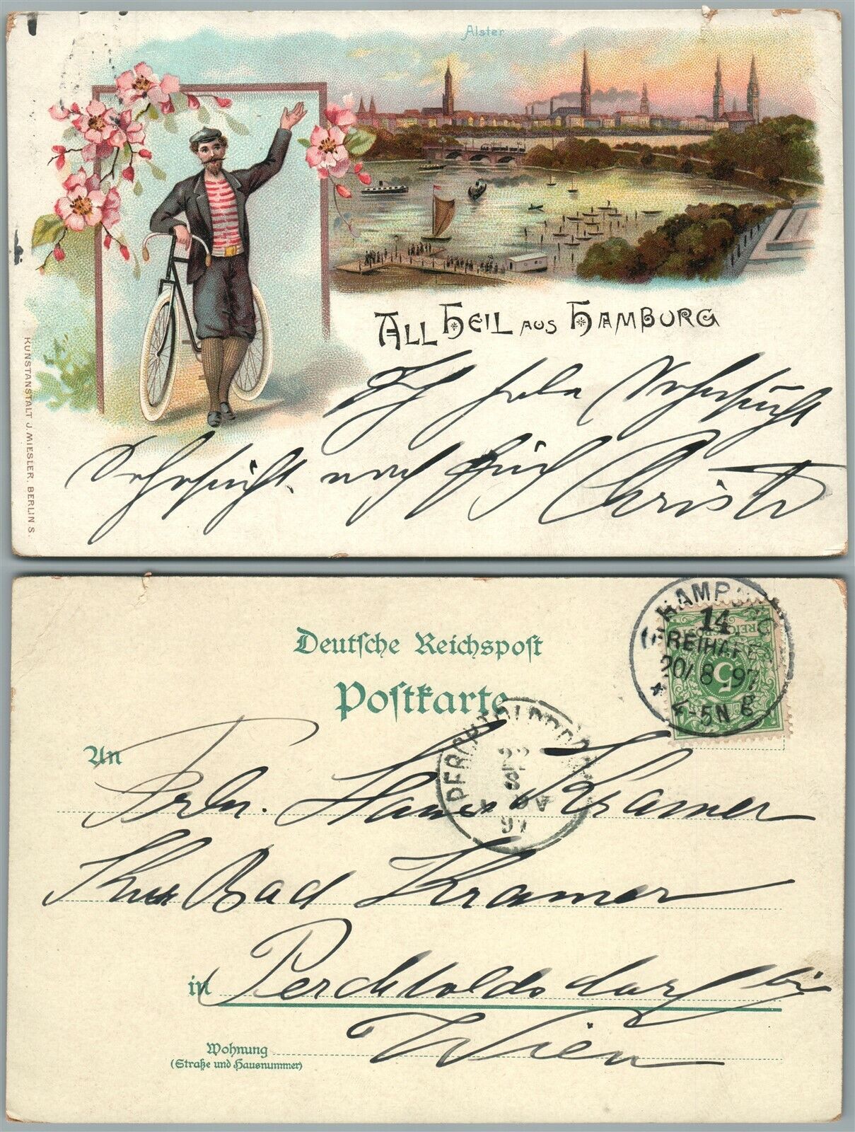 HAMBUG GERMANY 1897 ANTIQUE POSTCARD w/ STAMP MAN w/ BICYCLE
