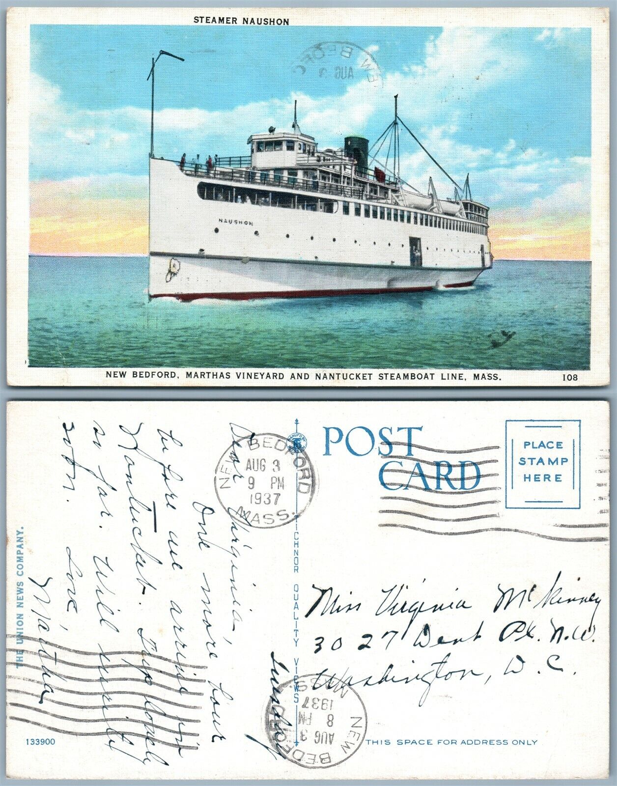 NEW BEDFORD MARTHAS VINEYARD & NANTUCKET STEAMBOAT LINE 1937 VINTAGE POSTCARD