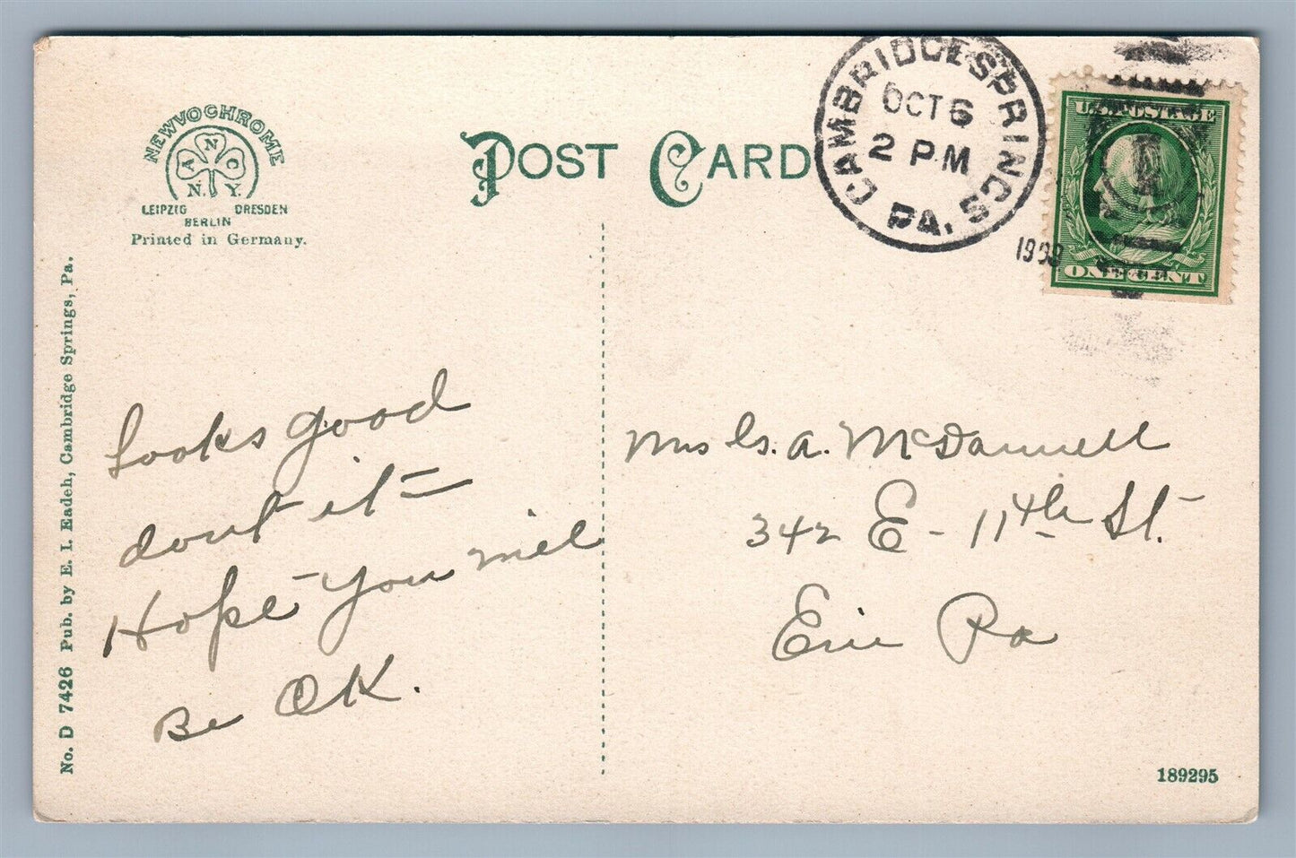 CAMBRIDGE SPRINGS PA HOTEL BARLETT ANTIQUE POSTCARD