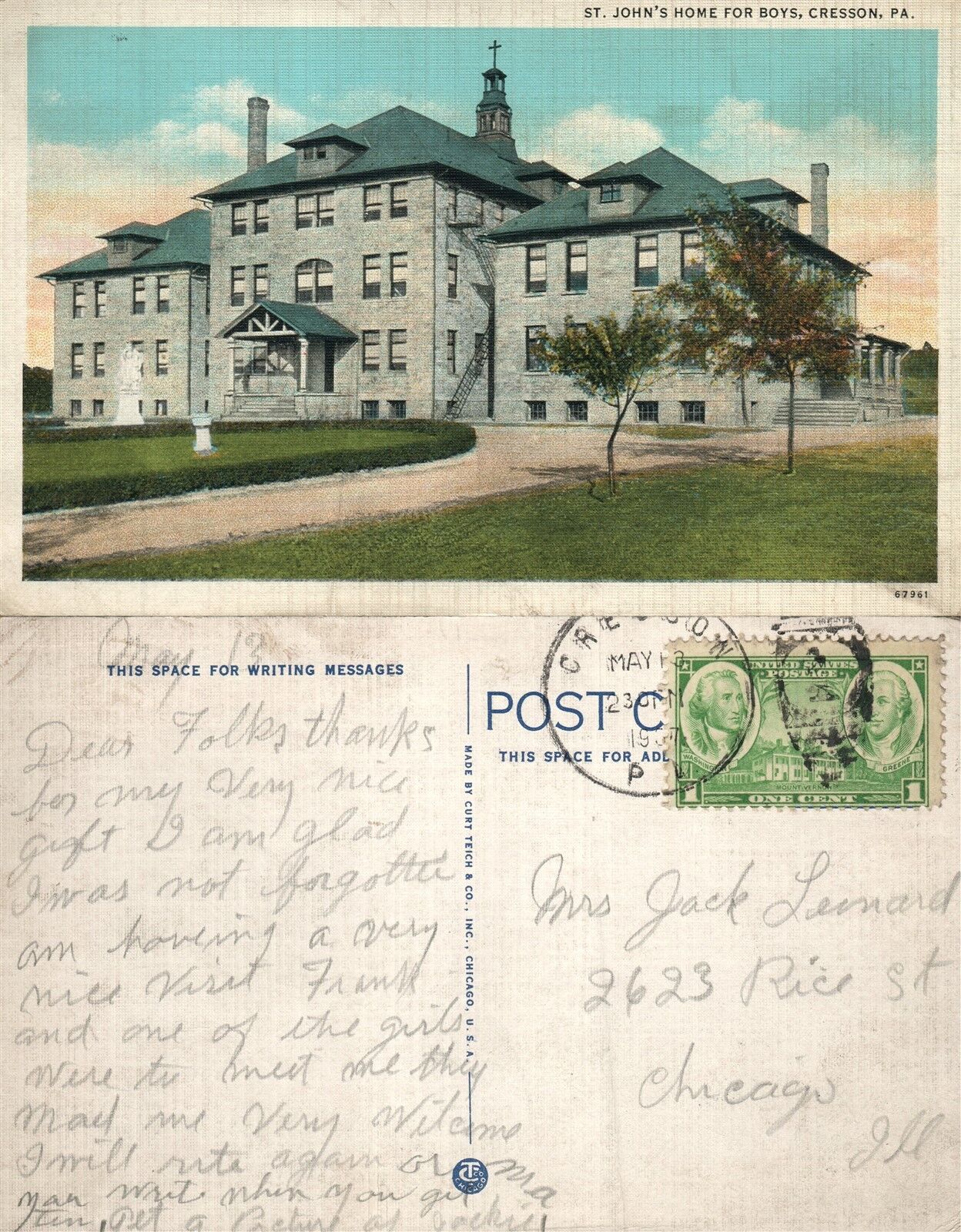 CRESSON PA ST.JONE'S HOME FOR BOYS VINTAGE POSTCARD