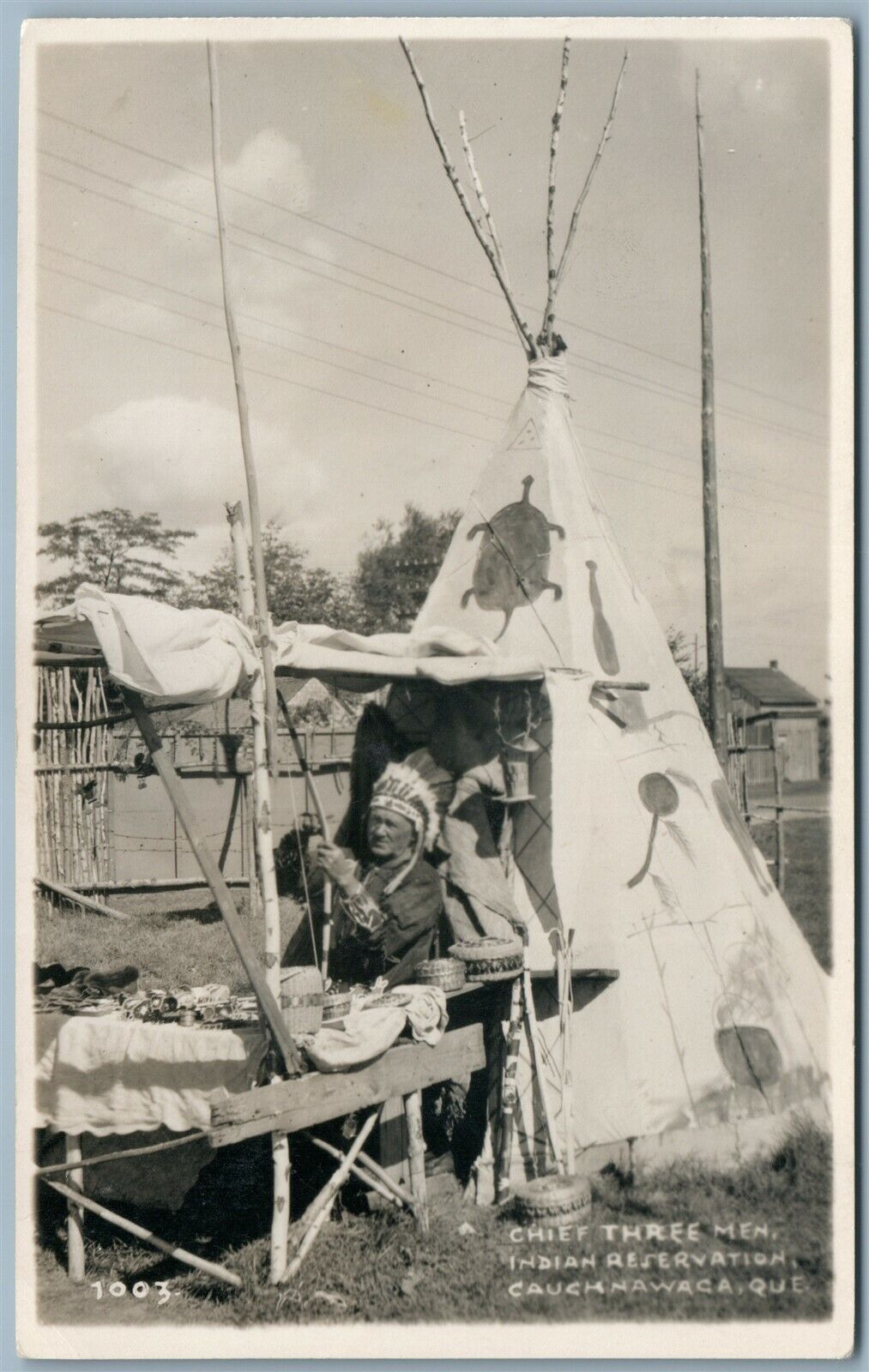 CHIEF THREE MEN INDIAN RESERVATION CAUGHNAWAGA ANTIQUE REAL PHOTO POSTCARD RPPC