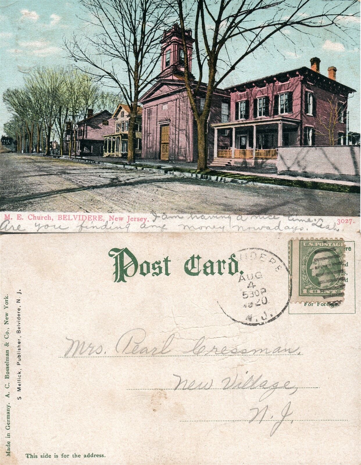 BELVIDERE N.J. M.E. CHURCH ANTIQUE UNDIVIDED POSTCARD