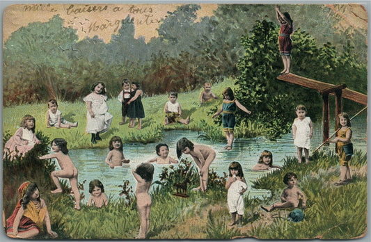 MULTI BABIES BATHING ANTIQUE POSTCARD