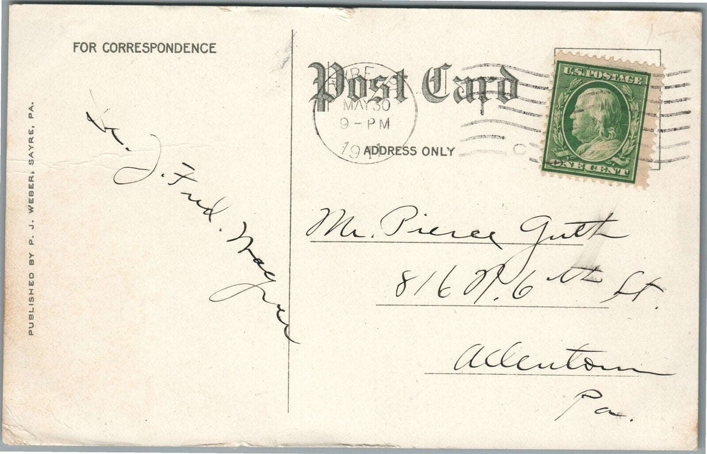 SAYRE PA WILBUR AVE. ANTIQUE POSTCARD