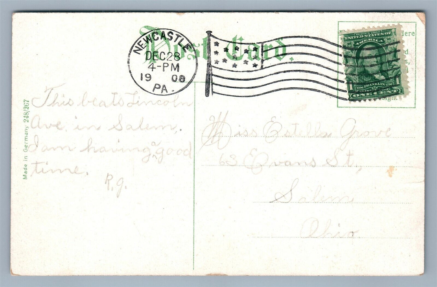 NEW CASTLE PA LINCOLN AVENUE ANTIQUE POSTCARD