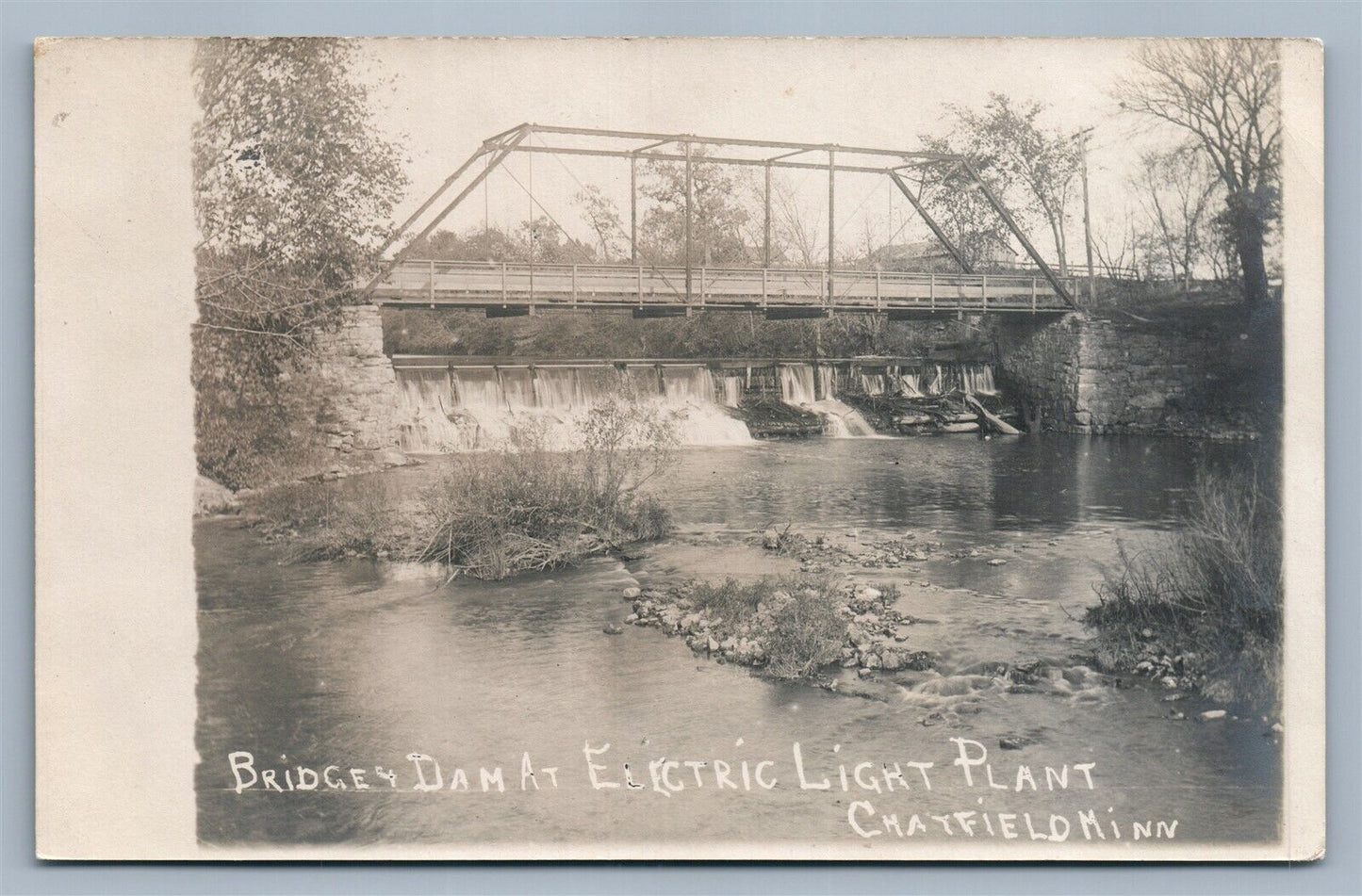 CHATFIELD MN BRIDGE DAM & ELECTRIC LIGHT PLANT ANTIQUE REAL PHOTO POSTCARD RPPC