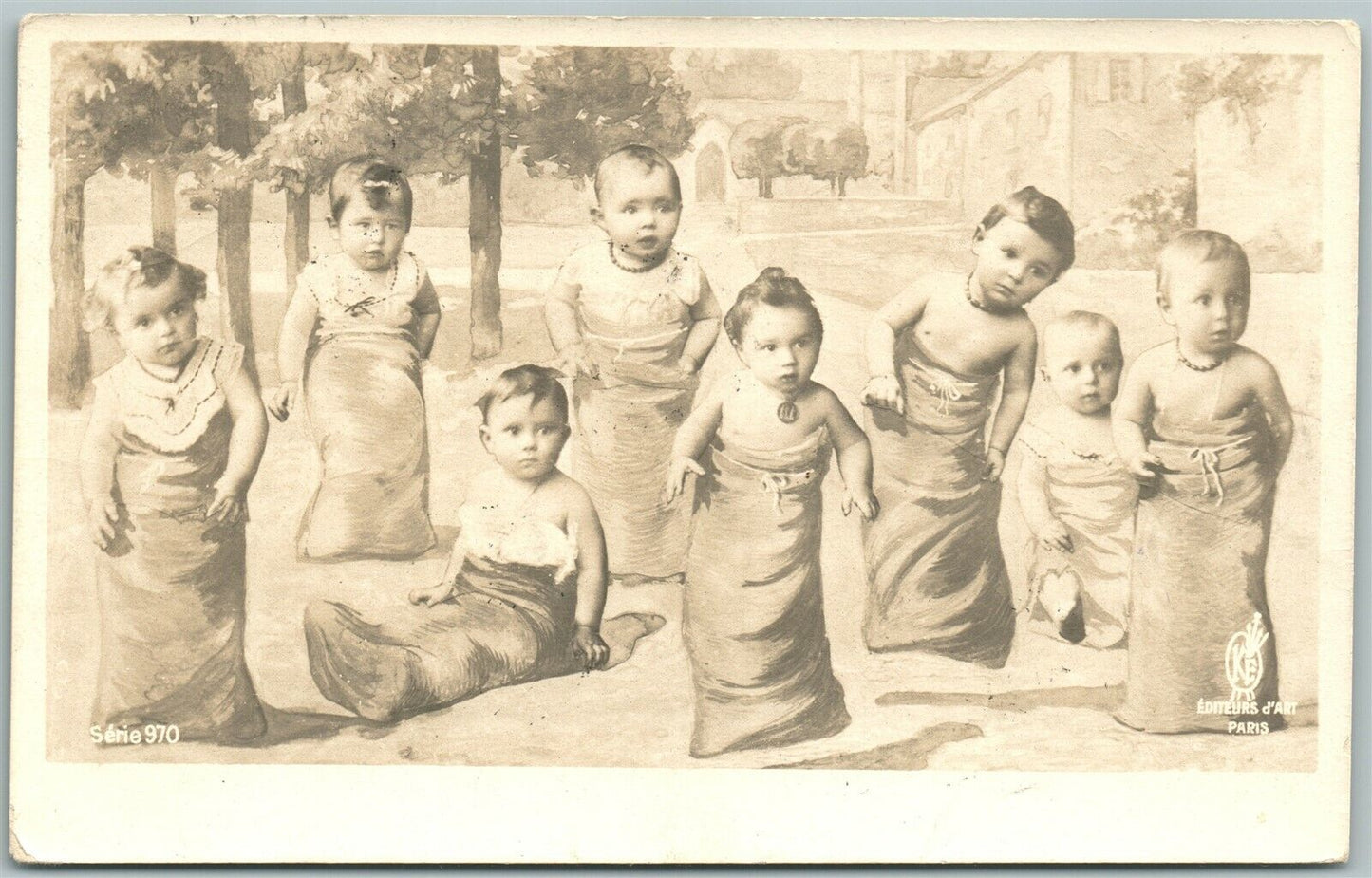 MULTIPLE BABIES SACK-RACE 1908 REAL PHOTO ANTIQUE POSTCARD RPPC