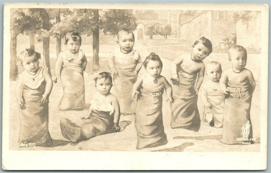 MULTIPLE BABIES SACK-RACE 1908 REAL PHOTO ANTIQUE POSTCARD RPPC