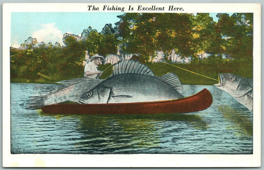 EXAGGERATED FISHING 1928 VINTAGE VERNFIELD PA POSTCARD MANUFACTURE ADVERTISING