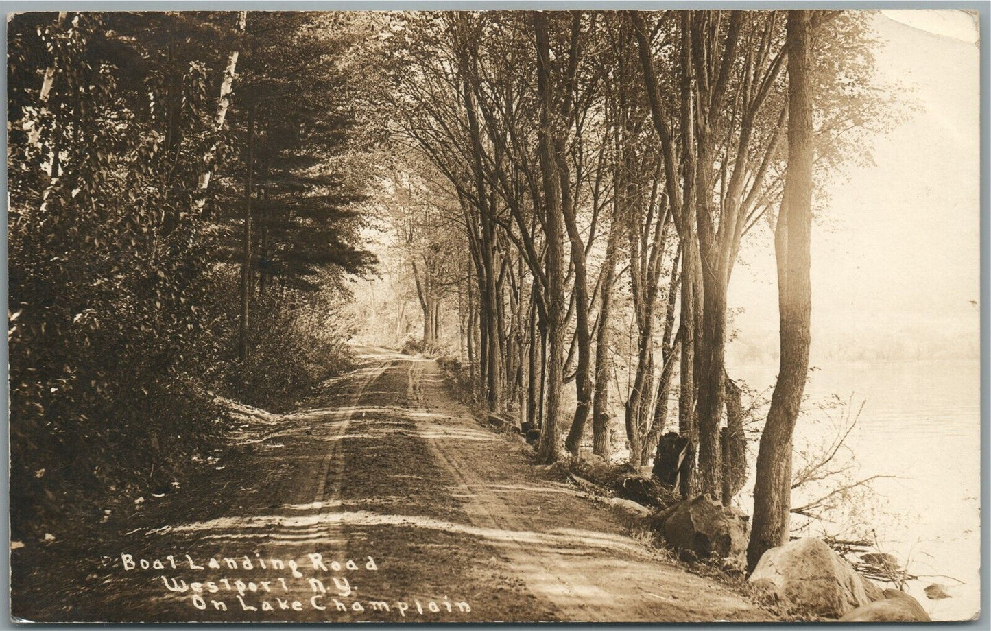 WESTPORT NY CHAMPLAIN LAKE BOAT LANDING ROAD ANTIQUE REAL PHOTO POSTCARD RPPC