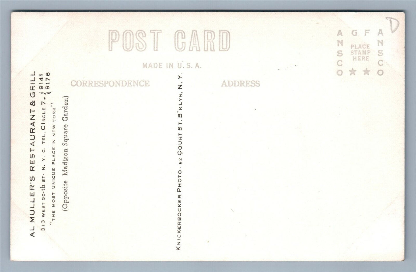 NEW YORK CITY AL MULLER'S RESTAURANT & GRILL VINTAGE REAL PHOTO POSTCARD RPPC