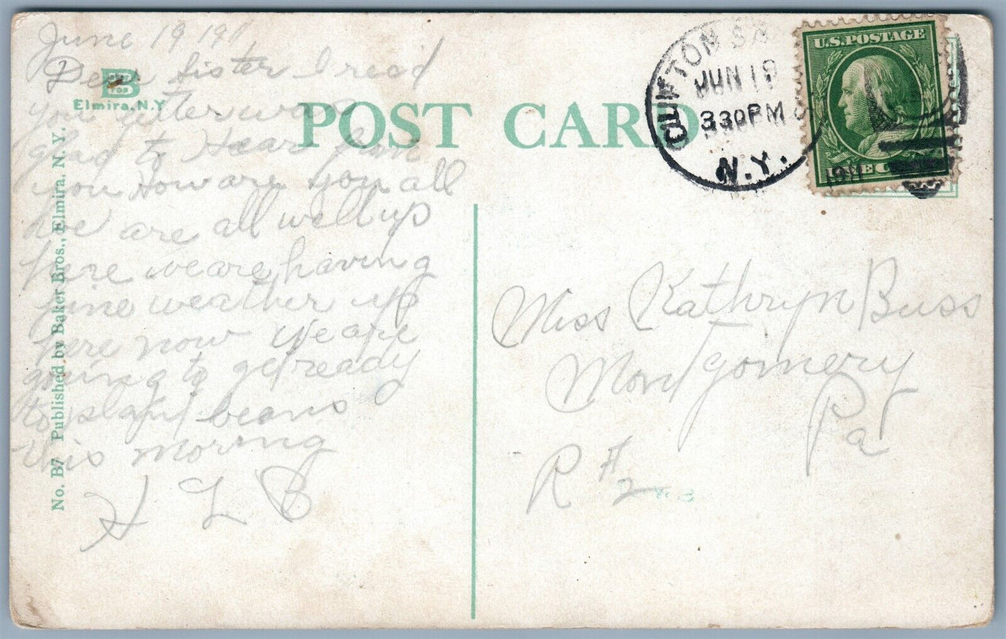 CANANDAIGUA NY GORHAM ST. PARKWAY 1911 ANTIQUE POSTCARD w/ CORK CANCEL