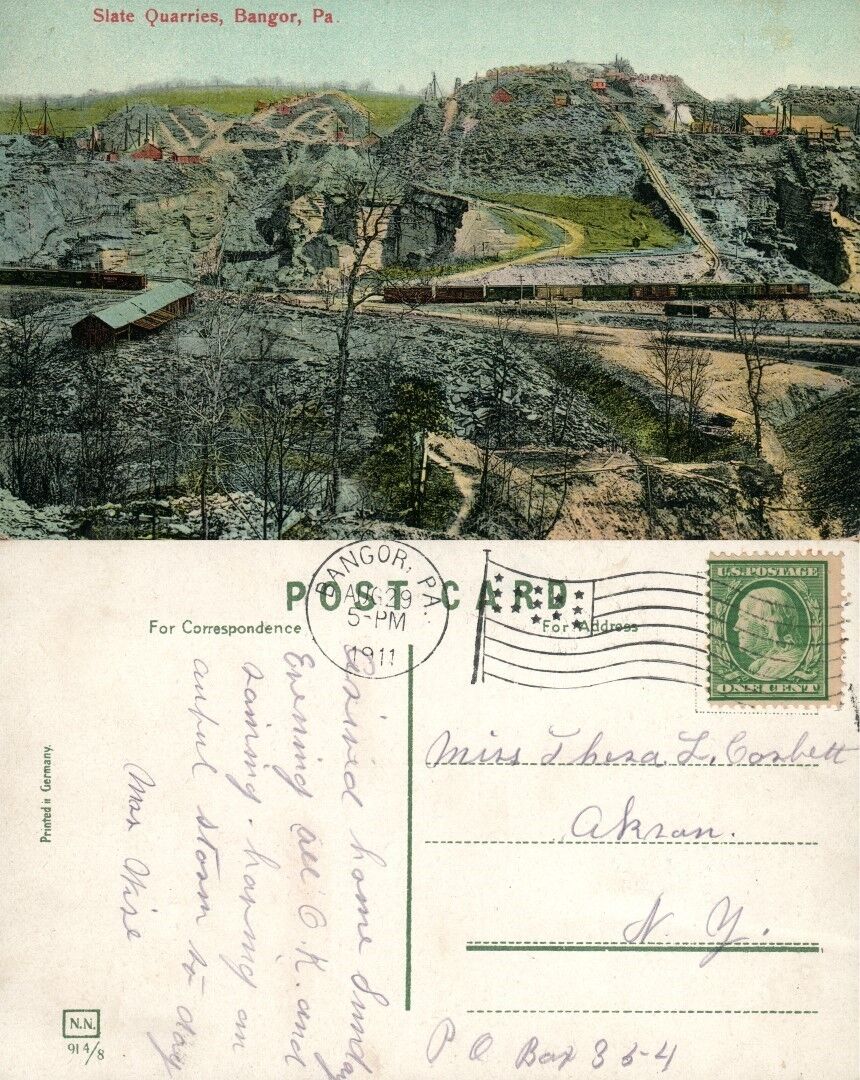 BANGOR PA SLATE QUARRIES 1911 ANTIQUE POSTCARD
