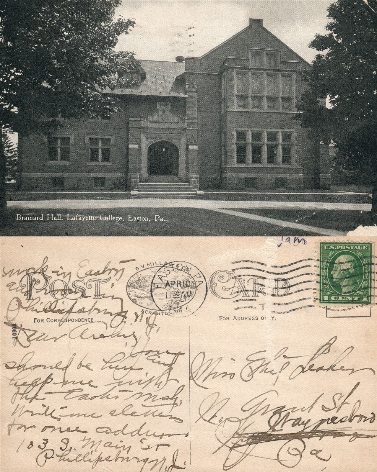 EASTON PA LAFAYETTE COLLEGE BRAINARD HALL ANTIQUE POSTCARD