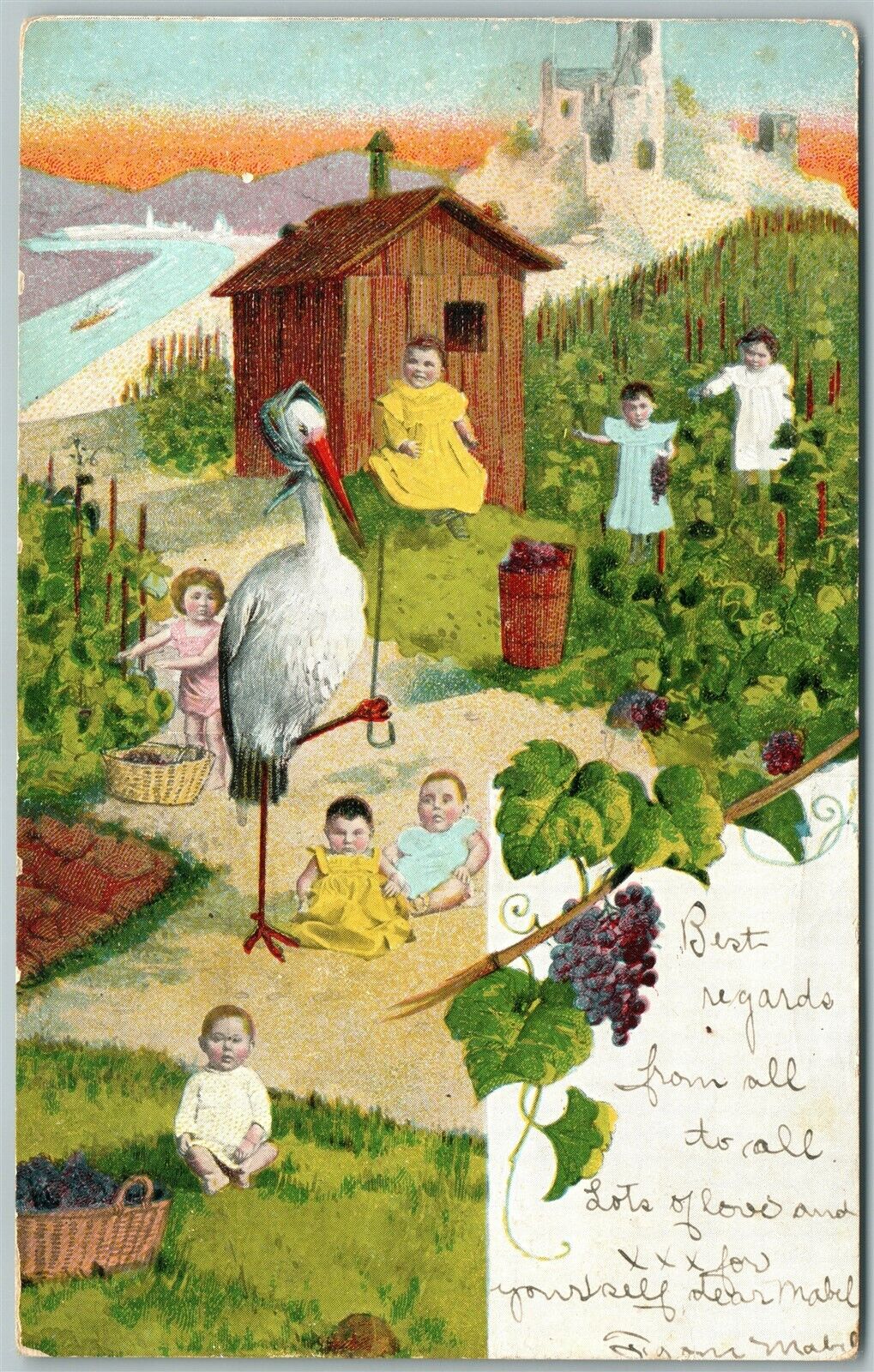 MULTIPLE BABIES w/ STORK in the GARDEN ANTIQUE POSTCARD