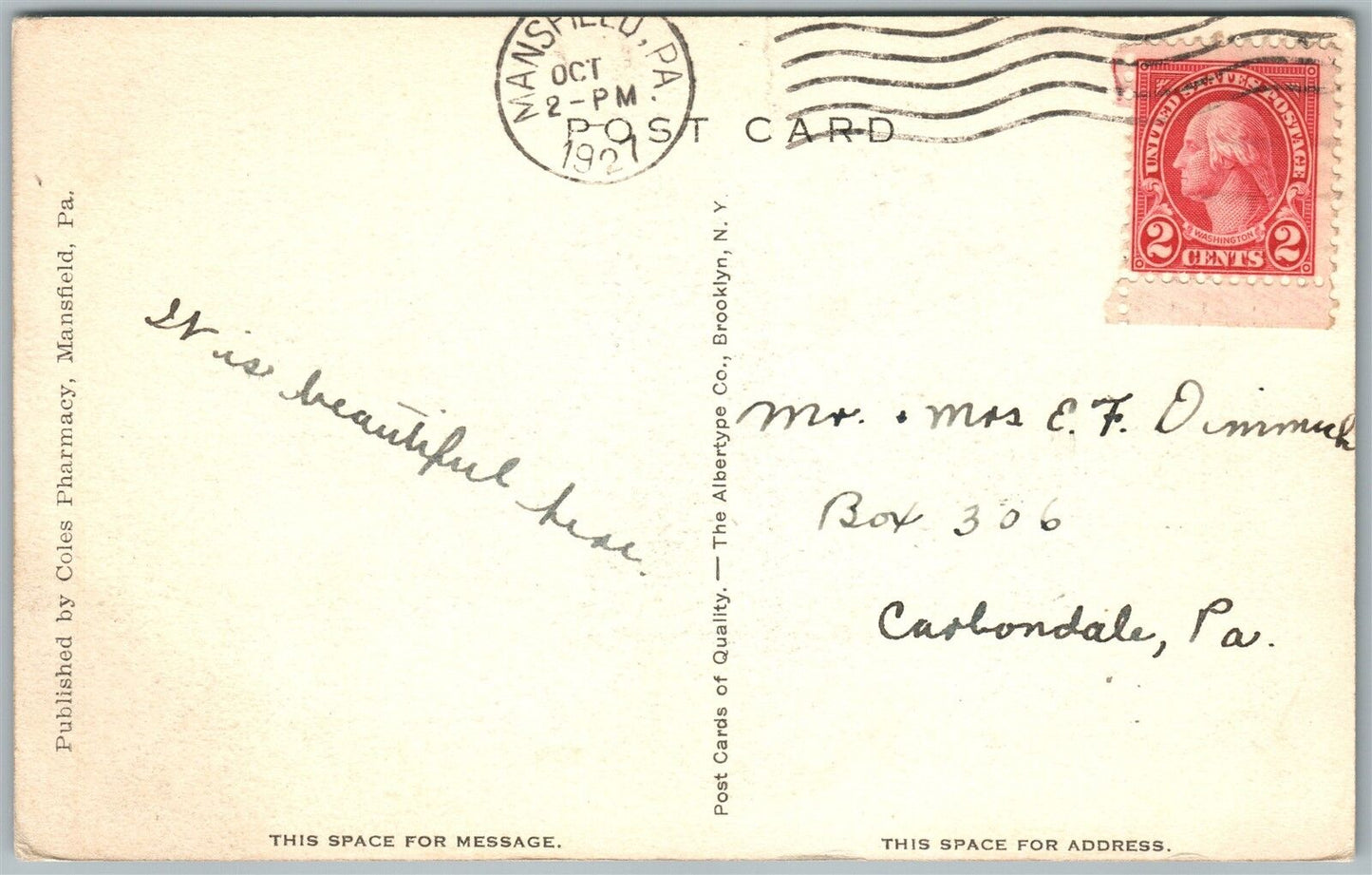 MANSFIELD PA STATE NORMAL SCHOOL 1927 VINTAGE POSTCARD