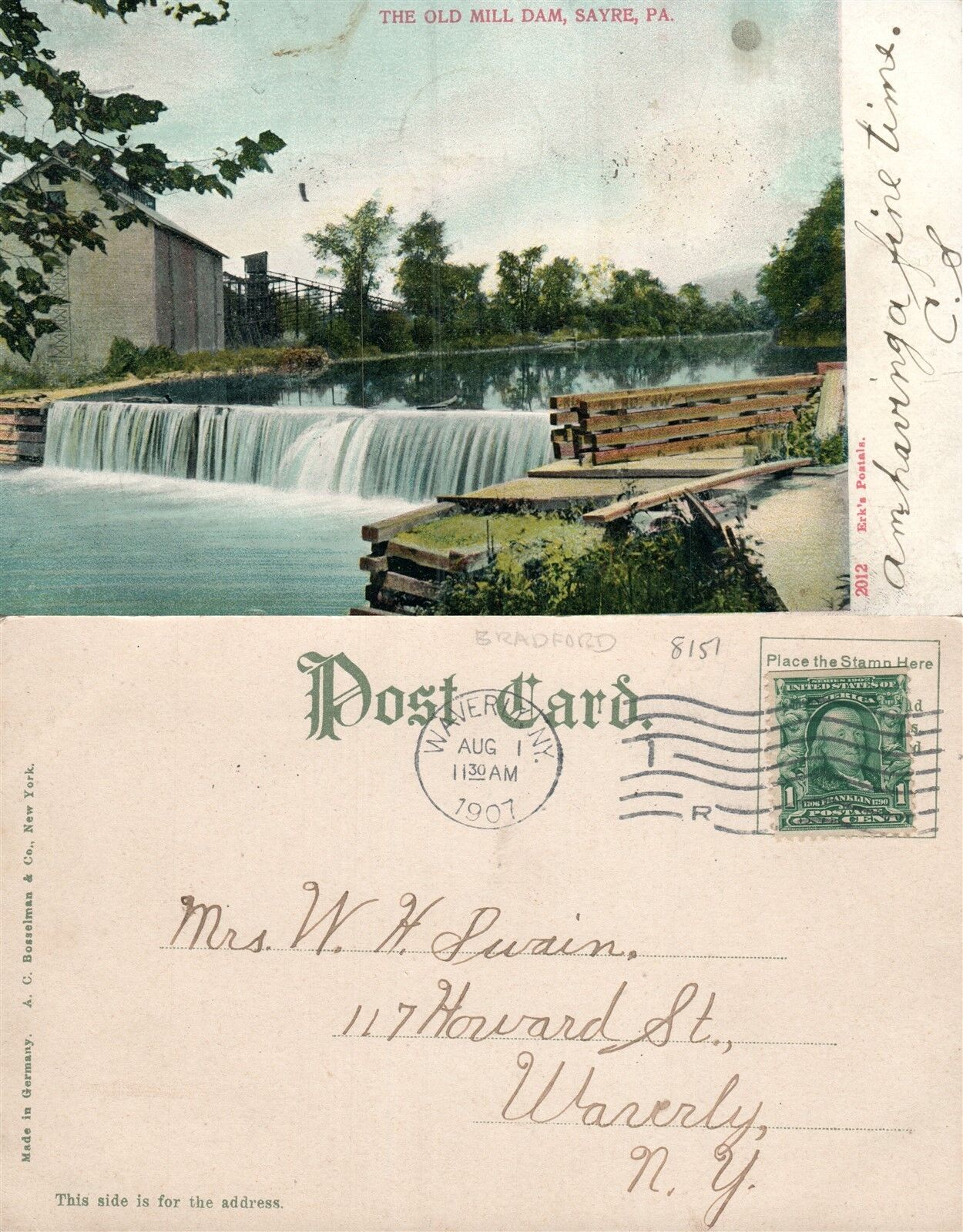 SAYRE PA OLD MILL DAM 1907 UNDIVIDED ANTIQUE POSTCARD