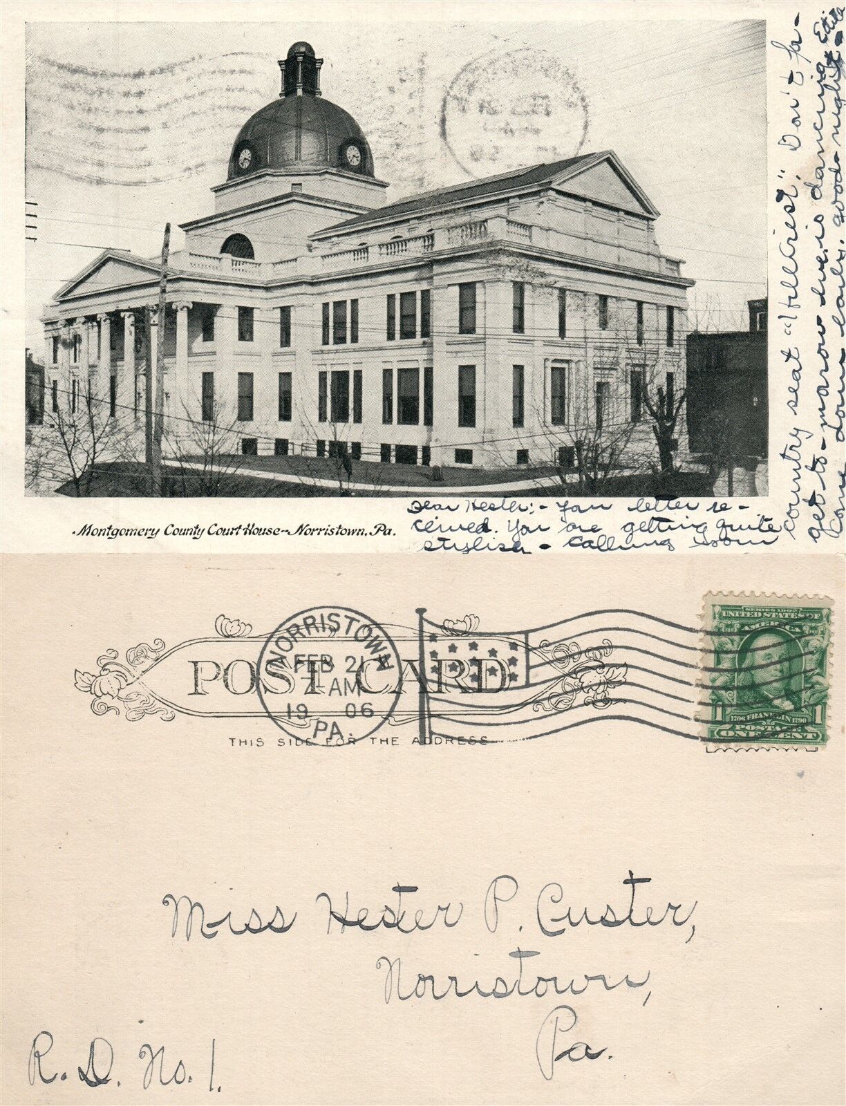 NORRISTOWN PA MONTGOMERY COUNTY COURT HOUSE 1906 UNDIVIDED ANTIQUE POSTCARD