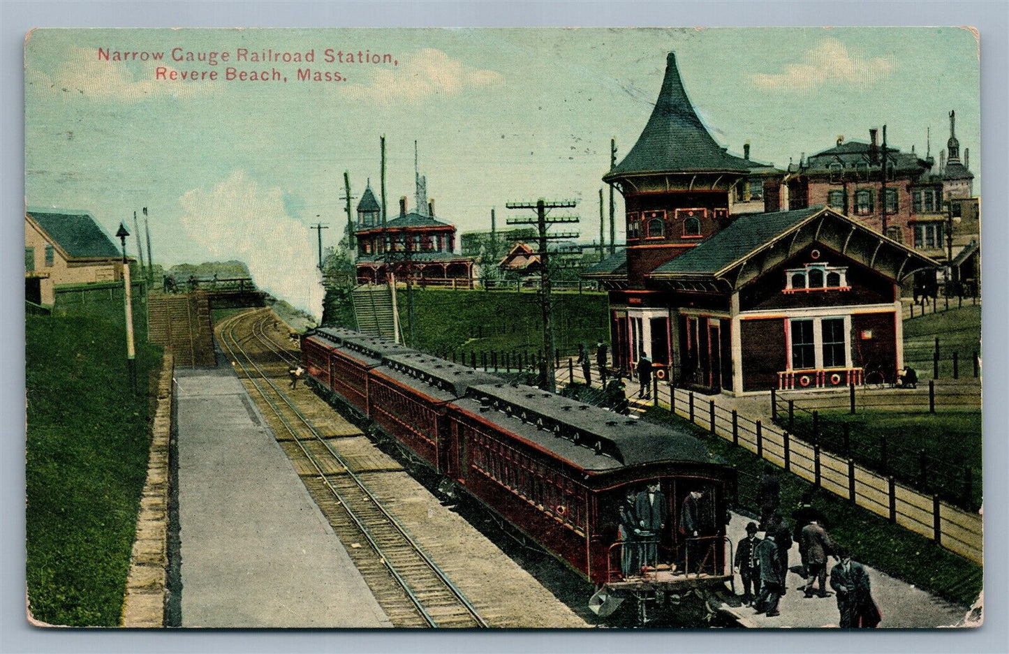 REVERE BEACH MA RAILROAD STATION 1910 ANTIQUE POSTCARD railway train depot