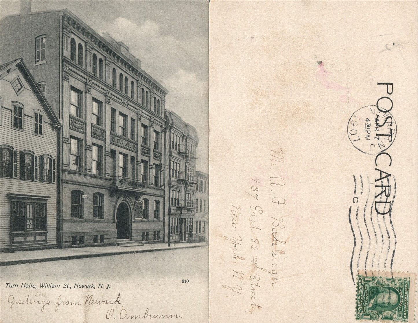 NEWARK N.J. WILLIAM STREET TURN HALLE 1907 UNDIVIDED ANTIQUE POSTCARD