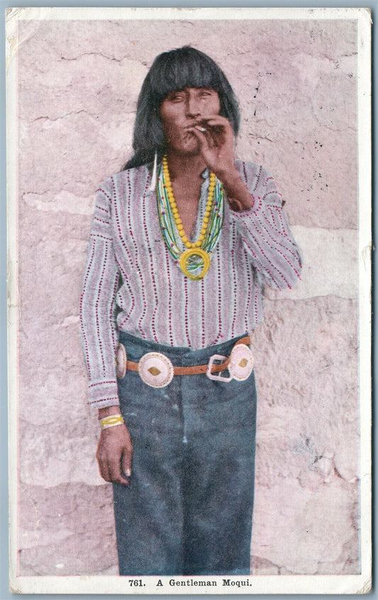 INDIAN GENTLEMAN MOQUI SMOKING CIGARETTE 1908 ANTIQUE POSTCARD