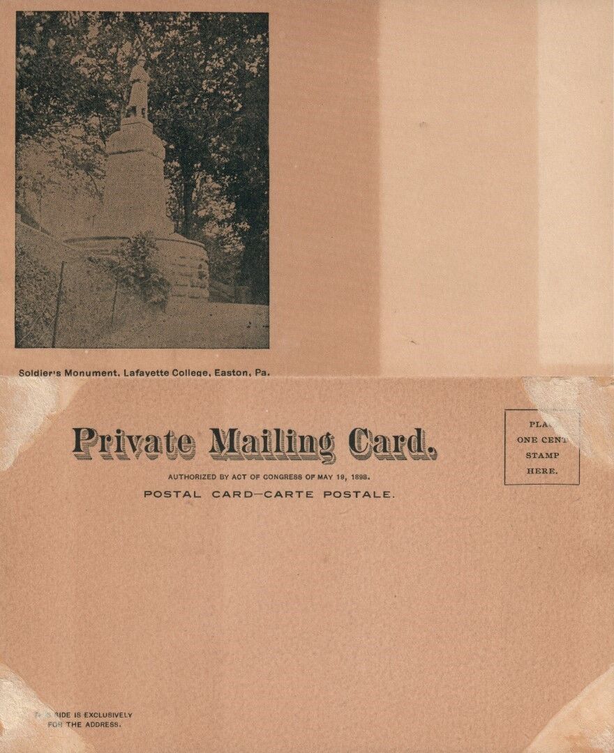 EASTON PA LAFAYETTE COLLEGE SOLDIERS MONUMENT ANTIQUE POSTCARD PRIVATE MAILING