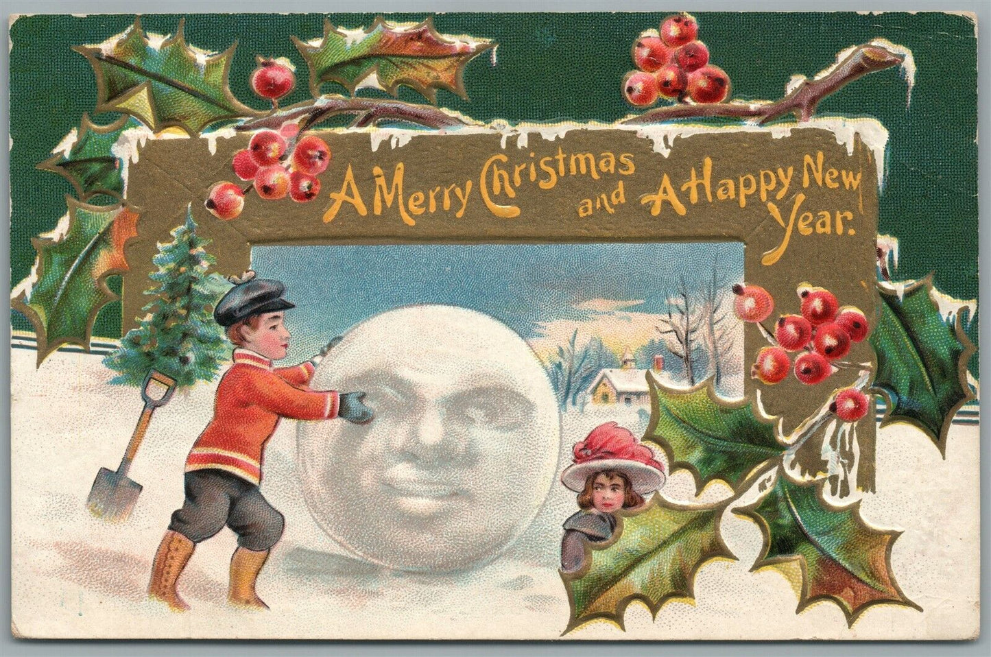 MERRY CHRISTMAS & HAPPY NEW YEAR ANTIQUE POSTCARD