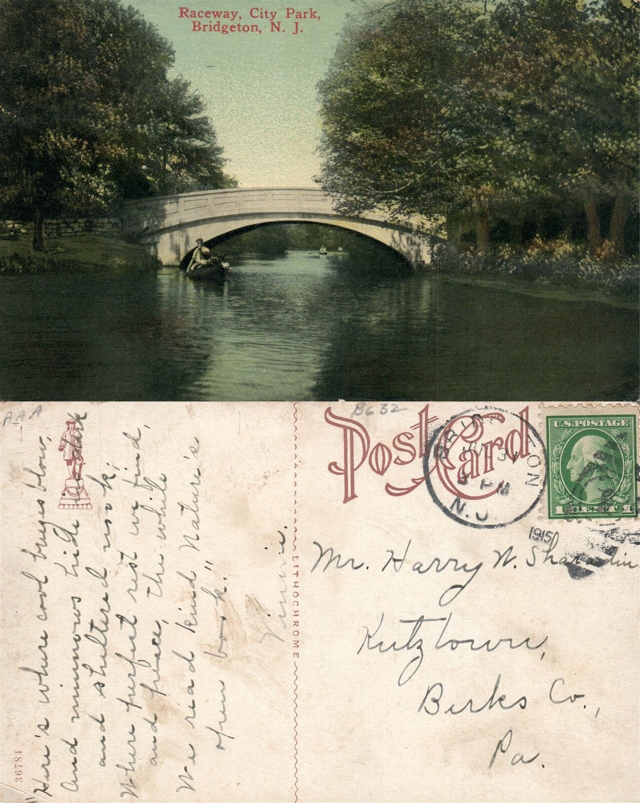 BRIDGETON N.J. RACEWAY CITY PARK BRIDGE 1915 ANTIQUE POSTCARD w/ CORK CANCEL