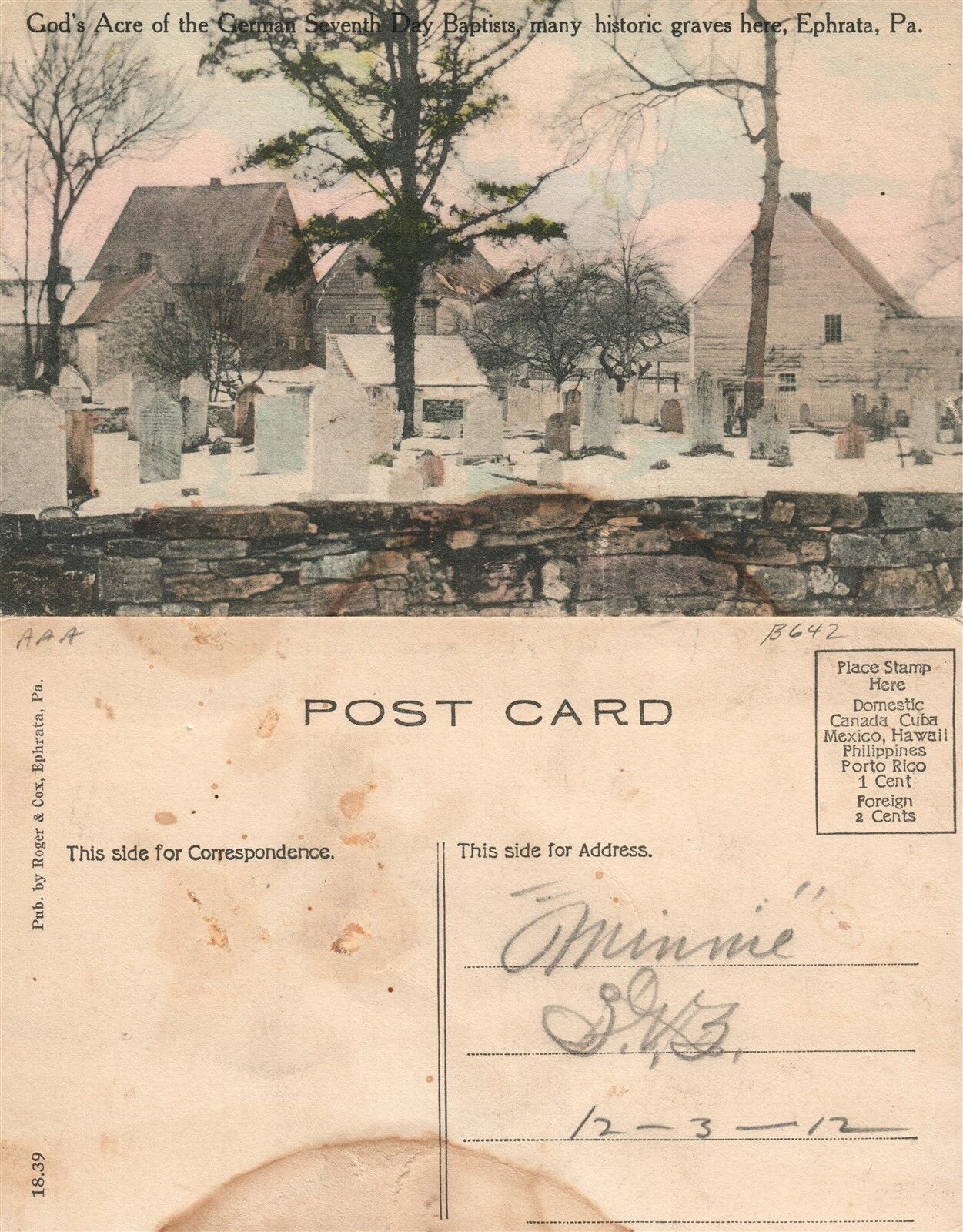 EPHRATA PA CEMETERY GOD'S ACRE GERMAN SEVEN DAYS BAPTISTS ANTIQUE POSTCARD