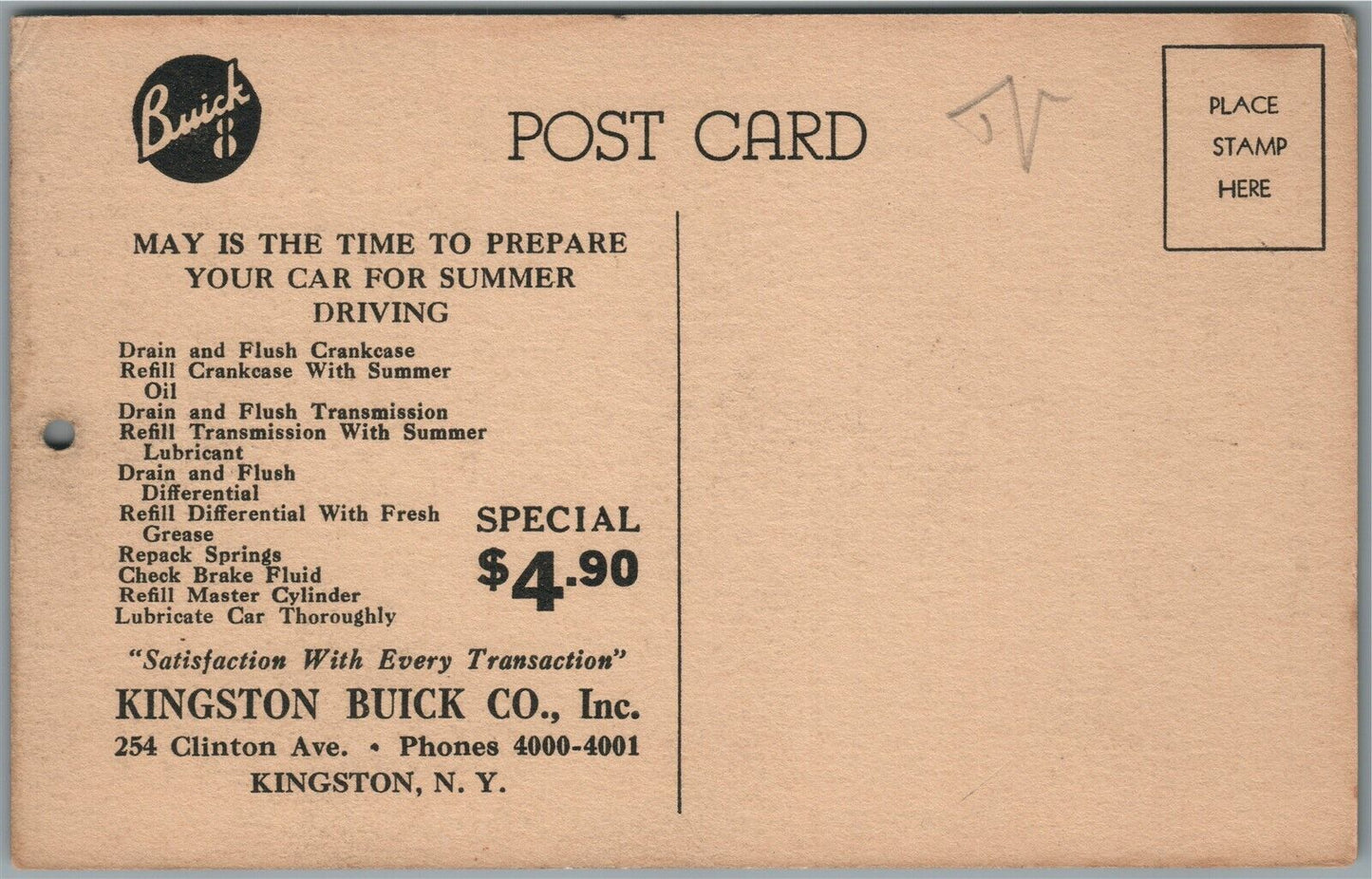 KINGSTON BUICK COMPANY NY ADVERTISING VINTAGE POSTCARD with 1936 CALENDAR