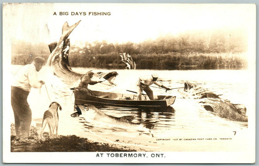 TOBERMORY ONT. CANADA FISHING EXAGGERATED VINTAGE REAL PHOTO POSTCARD RPPC