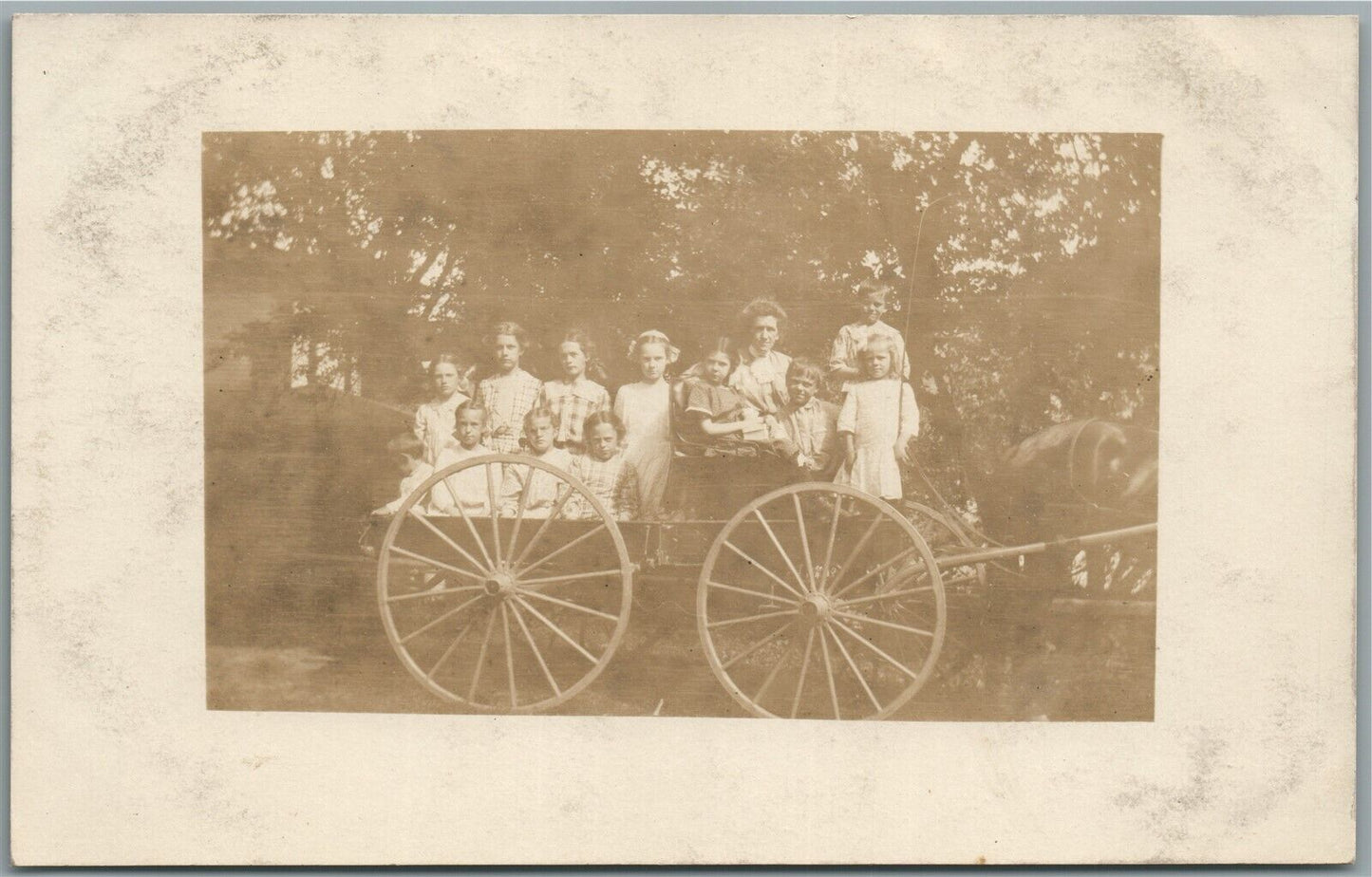 KIDS GROUP on HORSE DRAWN WAGON ANTIQUE REAL PHOTO POSTCARD RPPC